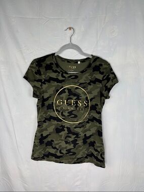 GUESS Olive Green Camo Tee with Gold Logo